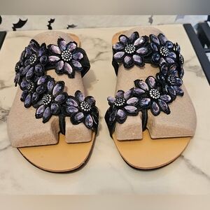 Poetic License London Flat Sandals Purple Jeweled Flowers Women 7